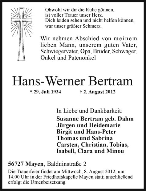 Traueranzeigen Von Hans Werner Bertram Rz Trauer De