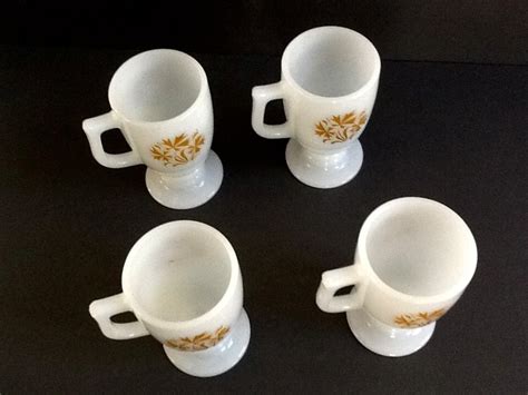 White Milk Glass Pedestal Mugs Set Of 4 Gold Leaf Motif D