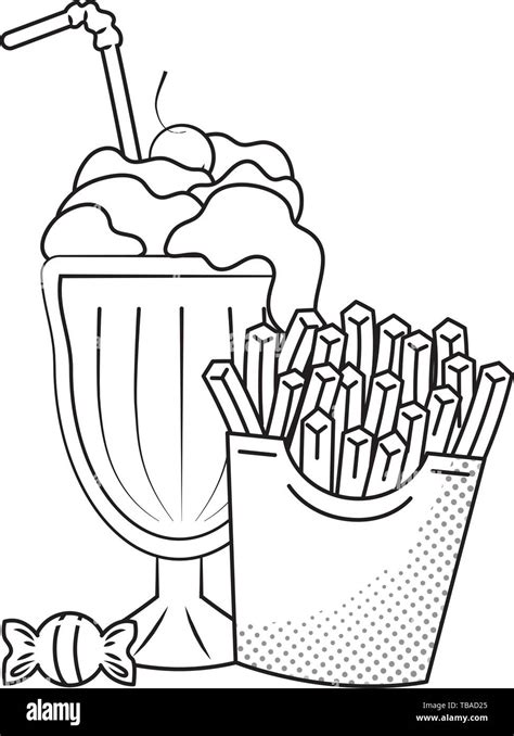 French Fries And Milk Shake With Straw And Candy Black And White Vector