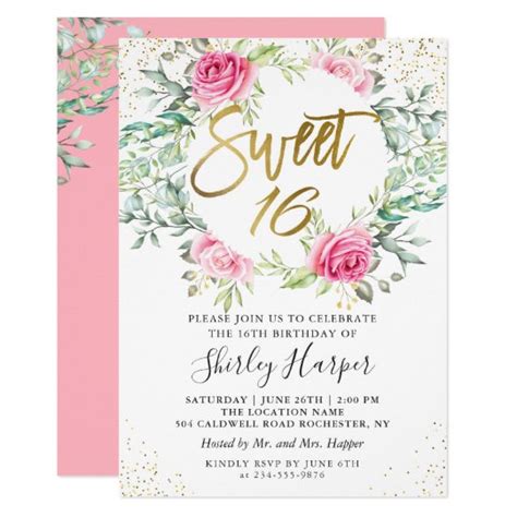 Pink Floral Greenery Gold Script Sweet 16 Birthday Invitation