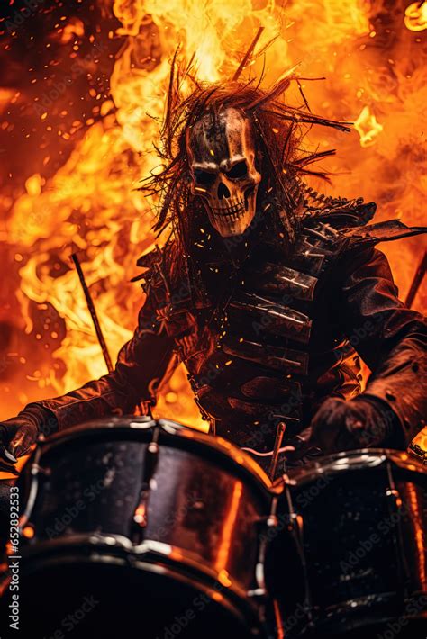 An Eerie Skeleton Character Playing Drums And Heavy Metal Vibes A Spooky Skeleton Rocking Out