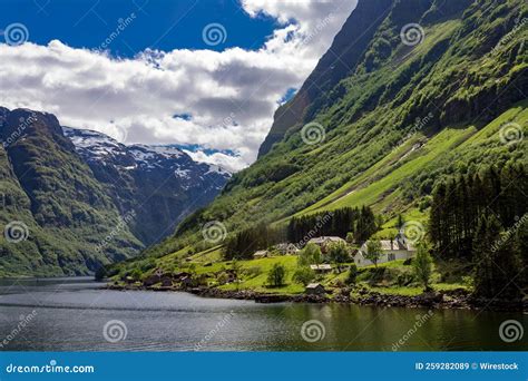 Beautiful Landscape Of Narrow Fjord And A Lake In Aurland Municipality