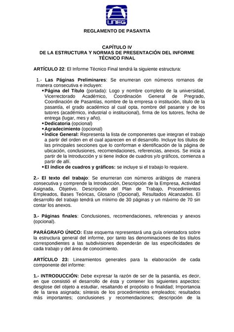 Lineamientos Uneg Reglamento De Pasantia Cap Tulo Iv De La