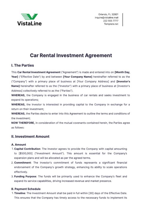 Free Car Rental Investment Agreement Template to Edit Online