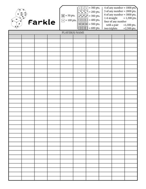 Farkle Game Sheet, Keep Score, Dice Game, Printable - Etsy