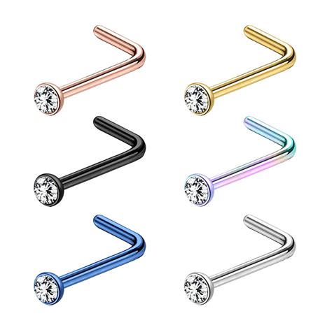 ZS 6Pcs/Set 20g Round Crystal Nose Stud Piercing Nose Bone/L Shaped/Nose Screw Nostril Piercing ...