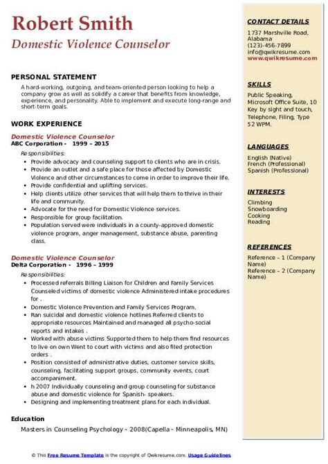 Domestic Violence Counselor Resume Samples Qwikresume