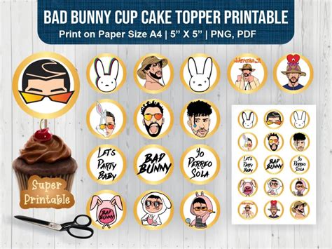 Bad Bunny Cup Cake Topper Printable A And Png Vectorency