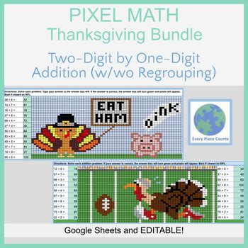 Pixel Art Math Thanksgiving Bundle Two Digit By One Digit Addition