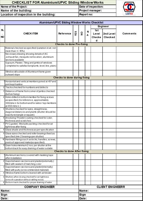 Upvc Aluminium Sliding Window Works Checklist Excel Sheet Lceted