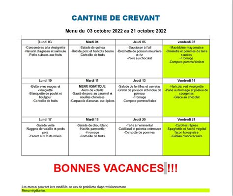 Menus Cantine Octobre Commune De Crevant