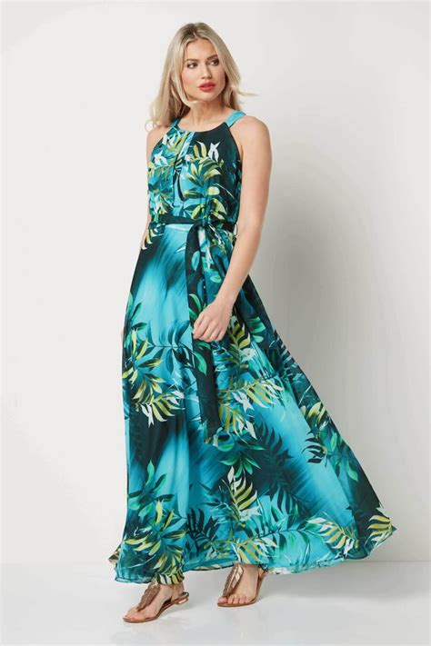 Roman Halter Neck Tropical Print Maxi Dress In Aqua Tropical Print