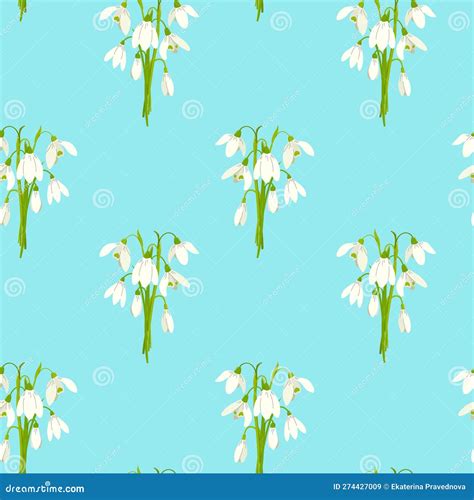 Floral Seamless Pattern With Bouquets Of Snowdrops On Blue Background