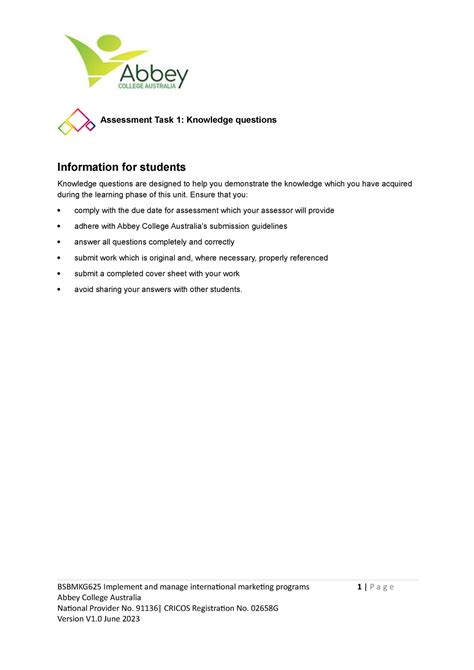 Bsbmkg Assessment Task Assessment Task Knowledge Questions