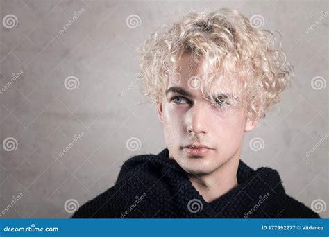 Portrait Of A Beautiful Sexy Young Man With White Curly Hair Stock Image Image Of Confident