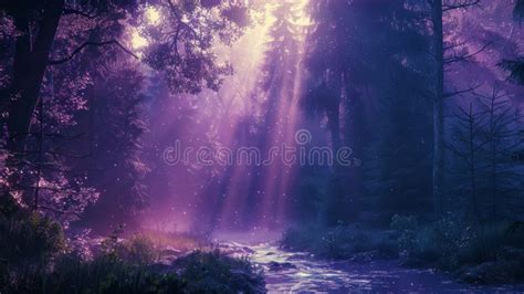 Enchanted Forest Purple Light Pierces through Trees, River Shimmers ...