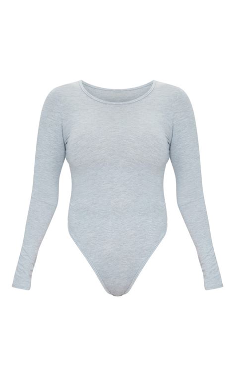 Grey Marl Long Sleeve Jersey Bodysuit Tops Prettylittlething