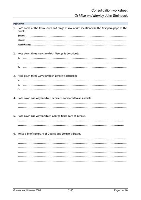 Consolidation Worksheets Of Mice And Men Ks English Teachit