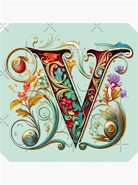 "Art Font Letter V: Art Nouveau Style, Unique and Colorful, Light Green ...