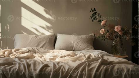 Generative AI, Relaxing bedroom detail of bed with natural linen ...