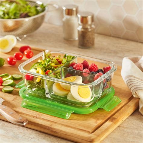 Mealbox™ 4 Cup Divided Glass Food Storage Container With Green Lid Pyrex