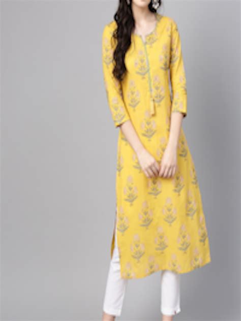 Buy Varanga Women Mustard Yellow Floral Printed Floral Pure Cotton