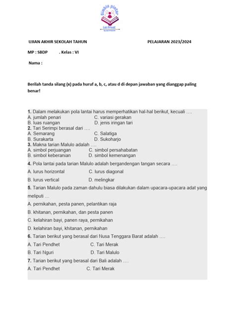 Ujian Akhir Sekolah Tahun Pelajaran 2023 Sbdp Pdf