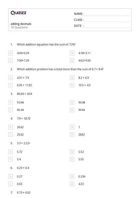 50 Adding Decimals Worksheets For 3rd Class On Quizizz Free And Printable