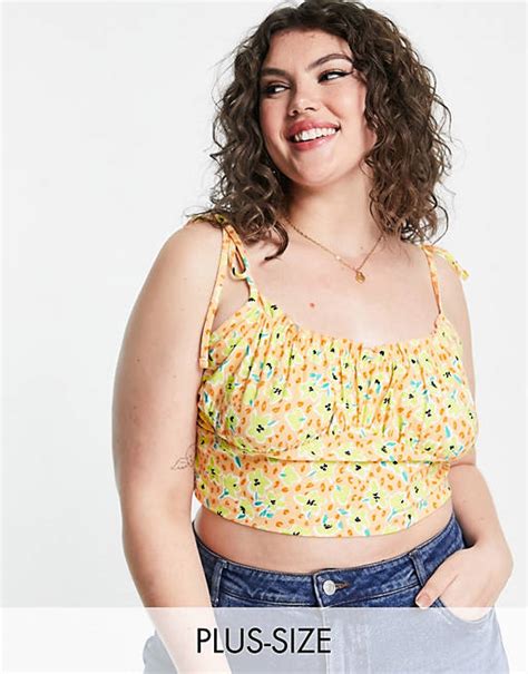 Wednesdays Girl Curve Tie Strap Ruched Bust Cami Crop Top In Spring Floral Asos