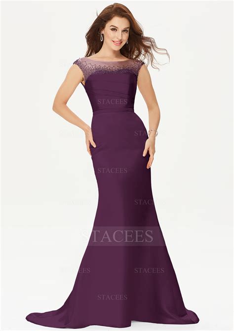 Trumpet Mermaid Illusion Neck Satin Sweep Train Prom Dress With Beading