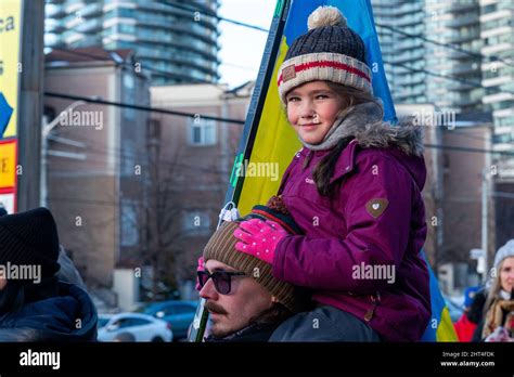 Toronto On Canada February 25 2022 Protestors With Banners And