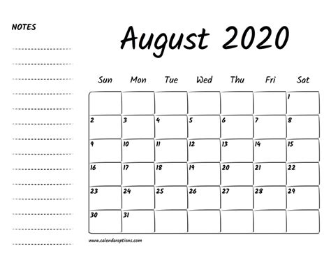 August 2020 Printable Calendar – Calendar Options