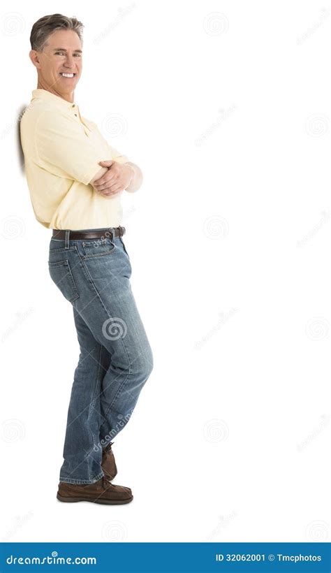 Happy Man Standing Arms Crossed Over White Background Stock Image