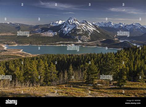 Aerial Springtime View Of Barrier Lake And Distant Snowcapped Mountain