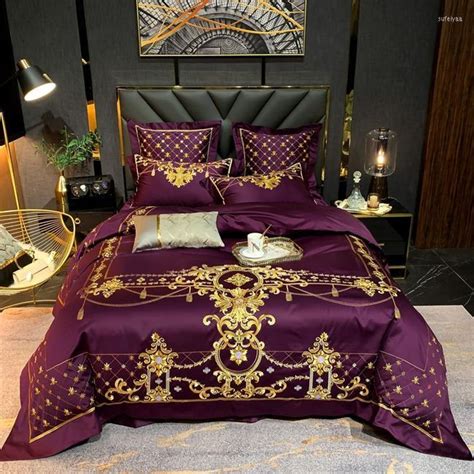 Bedding Sets Luxury Purple 1000tc Satin Egyptian Cotton Gold Embroidery