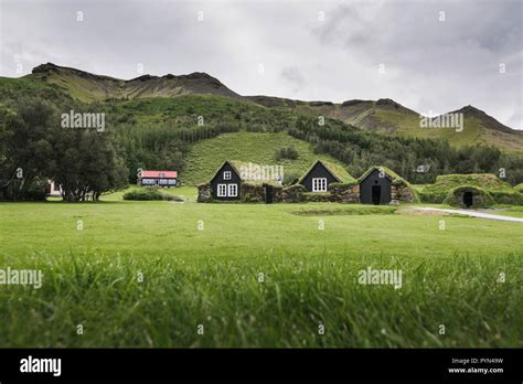 SKOGAR, ICELAND - AUGUST 2018: Traditional Icelandic turf houses with ...