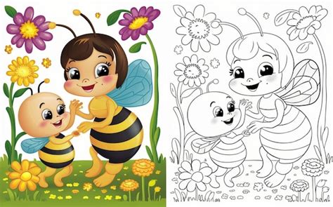 Página De Libro Para Colorear Para Niños De Abeja Bebé Y Su Abeja Madre