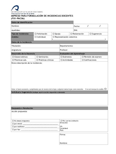 Completable En L Nea Impreso Para La Formulacin De Incidencias