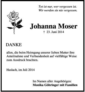 Traueranzeigen von Johanna Moser Schwarzwälder Bote Trauer