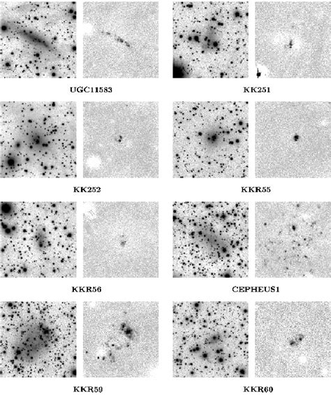 From left to right the H α and the continuum free images of eight