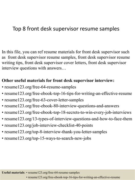 Top 8 Front Desk Supervisor Resume Samples Pdf