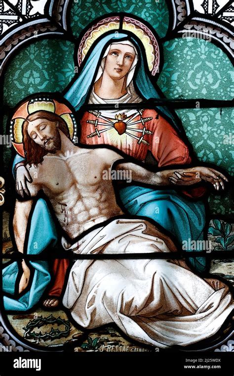 Stained Glass Window Pieta Virgin Mary And Jesus Church Candels In