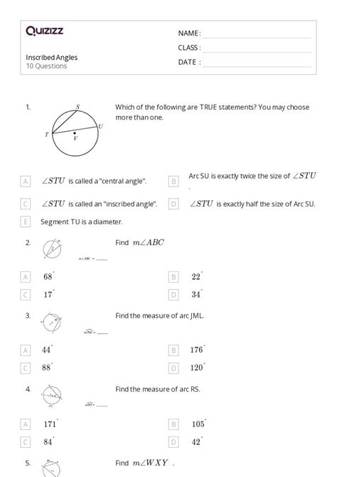 Inscribed Angles Worksheets For Th Grade On Quizizz Free Printable