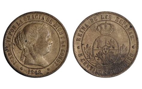 Isabel II 5 Céntimos de Escudo 1868 Barcelona MBC EBC Numismática V