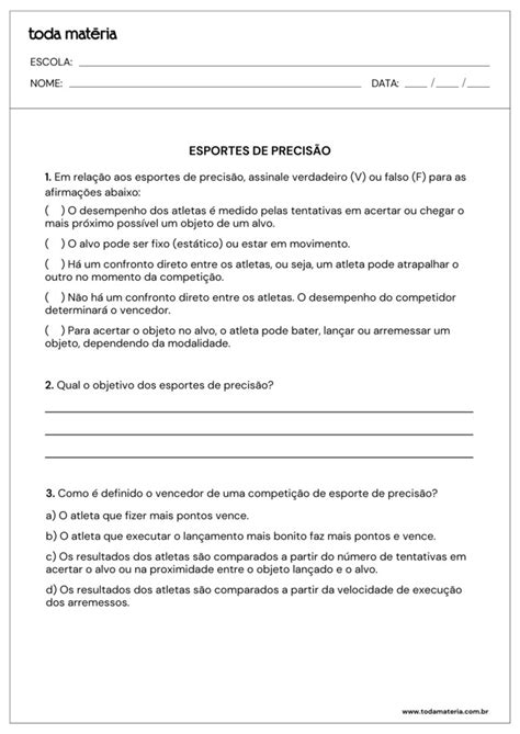 Esportes De Precisão Atividades - Atividades sobre esportes de precisão (para imprimir) - Toda Matéria