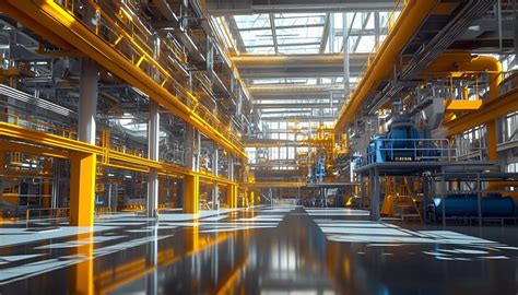 industrial factory interior  bright yellow pipelines  blue