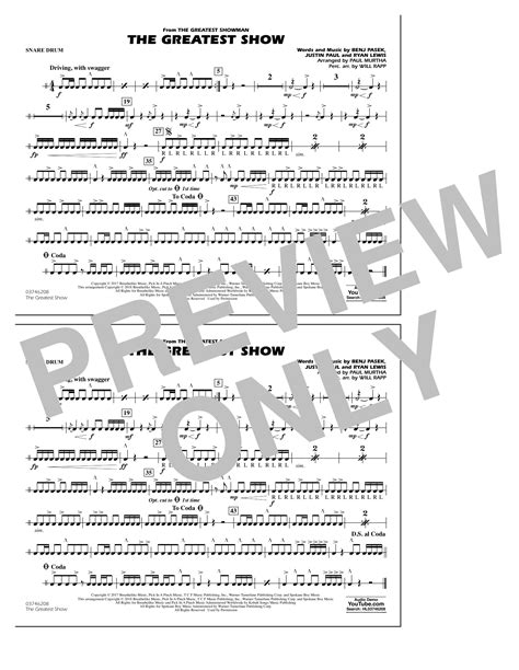 The Greatest Show Arr Paul Murtha Snare Drum By Pasek And Paul Sheet Music For Marching Band