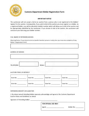 Fillable Online Customs Department Bidder Registration Form Fax Email