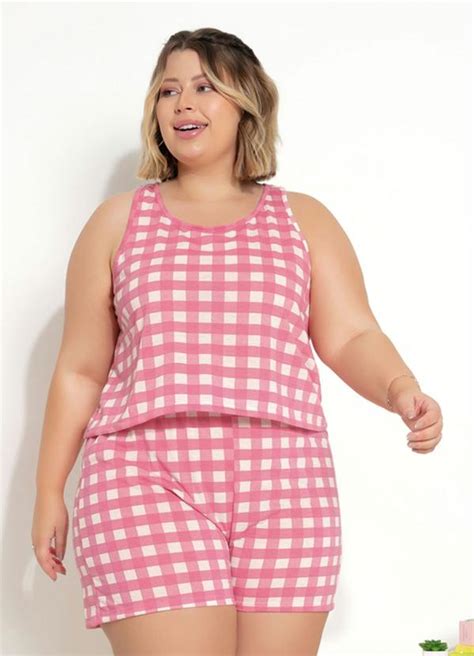 Pijama Regata Xadrez Rosa Plus Size Marguerite