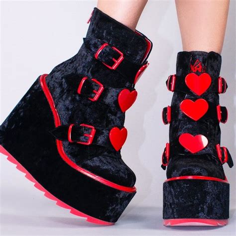 Yru Shoes Dune Lo Heart Velvet Platform Boots In Black Red Poshmark